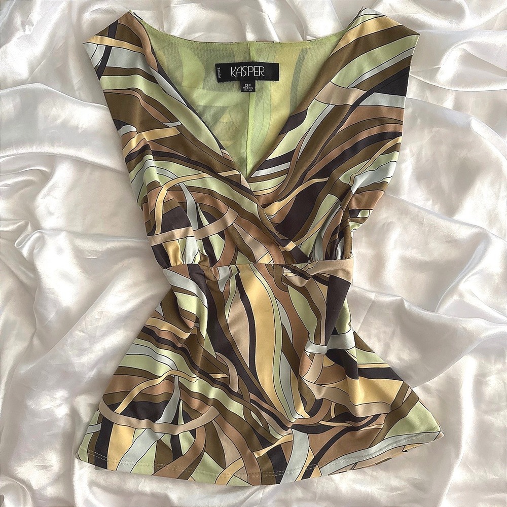 Kasper Petite Abstract Swirl V-Neck Sleeveless Blouse Green Brown 12P